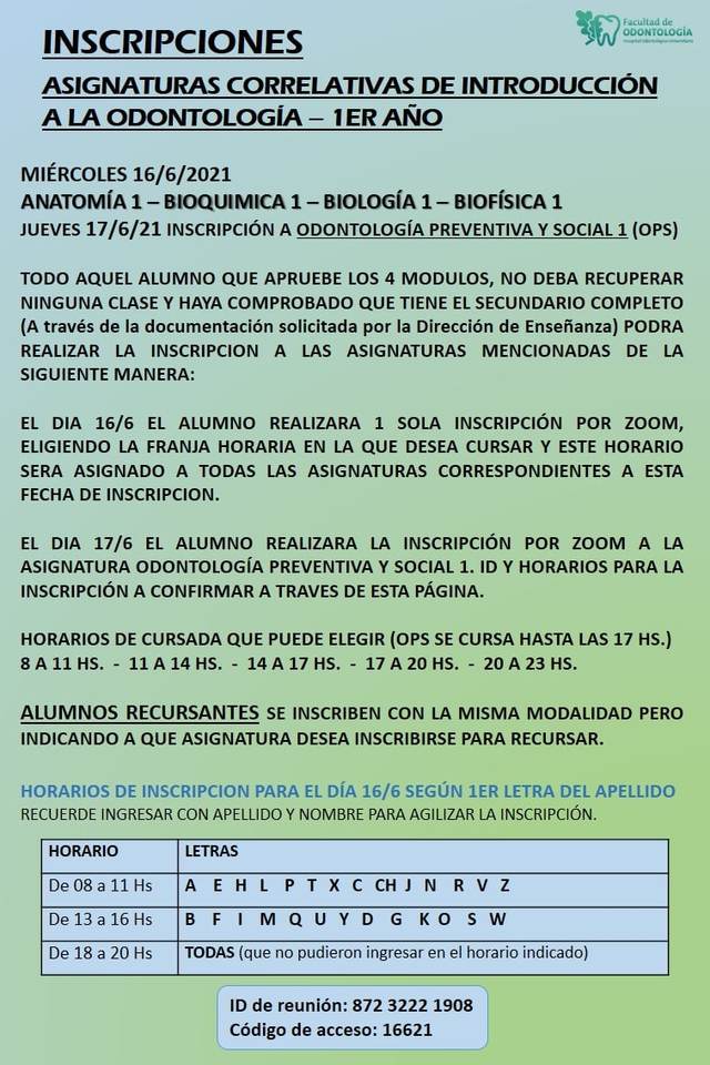 Inscripciones 1° Año de Odontología 2021