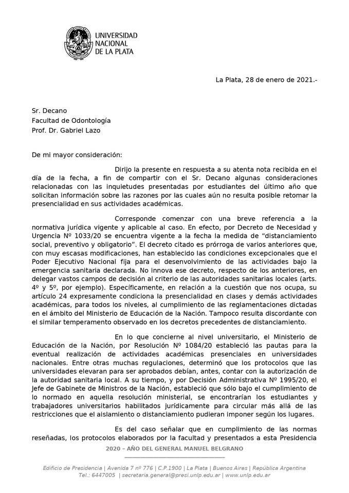 Nota del Decano dirigida al Prof. Patricio Lorente y su respuesta.