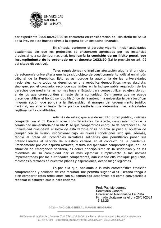 Nota del Decano dirigida al Prof. Patricio Lorente y su respuesta.
